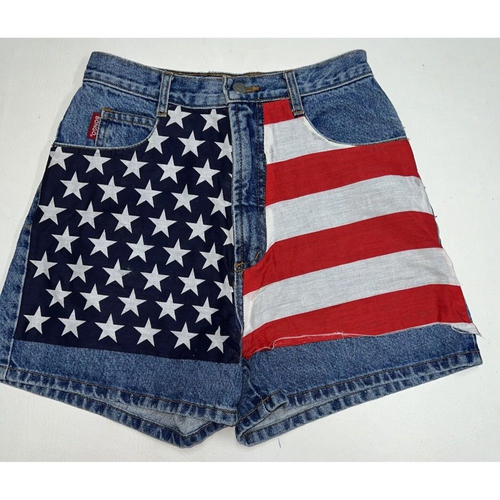 Vintage Bongo Denim Blue Jean Shorts Womens Size 7 Upcycled Flag USA Patriotic